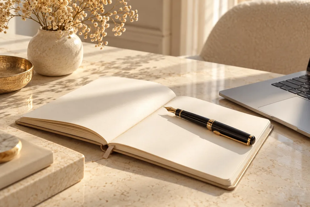 Carnet et stylo sur un bureau lumineux
